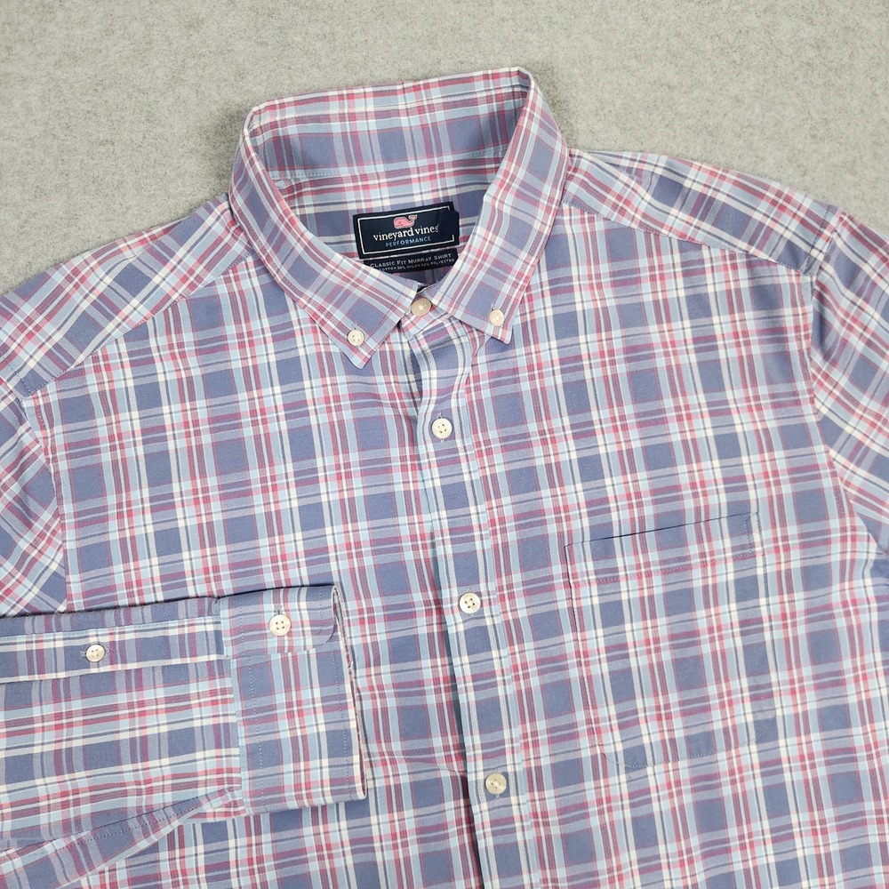 Vineyard Vines Shirt Men Large Blue Plaid Performance Murray Classic Fit Stretch